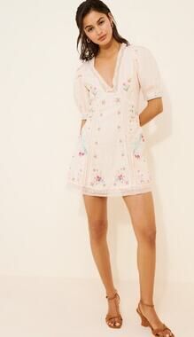 by anthropologie linen blend puff-sleeve v-neck mini dress By Anthropologie Linen Blend Puff-Sleeve V-Neck Tunic Mini Dress